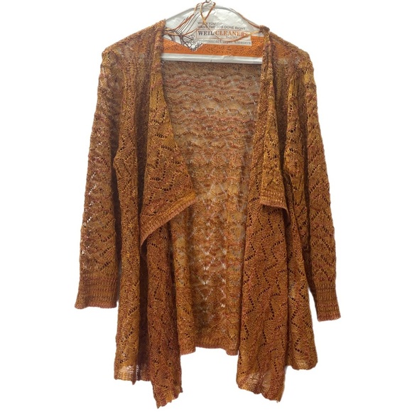 Earthy Orange Crochet Boho Lg Cardigan Asymmetric Open Lapel Slender Long Sleeve - Picture 1 of 8